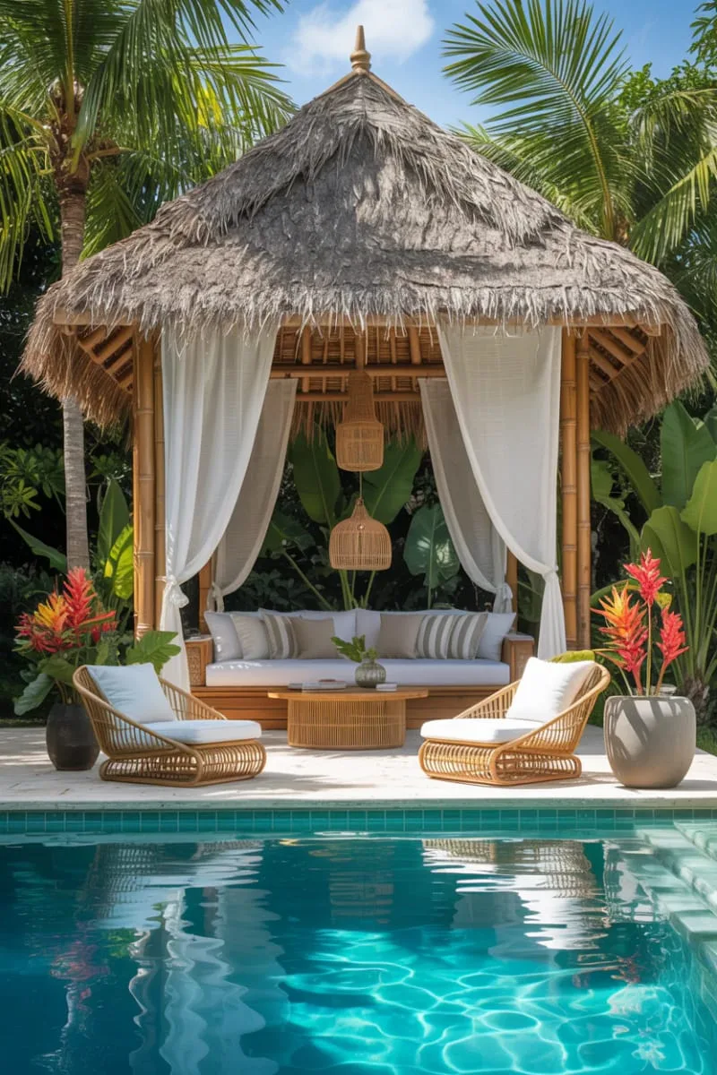tropical oasis cabana with bamboo details and lush potted palms 1