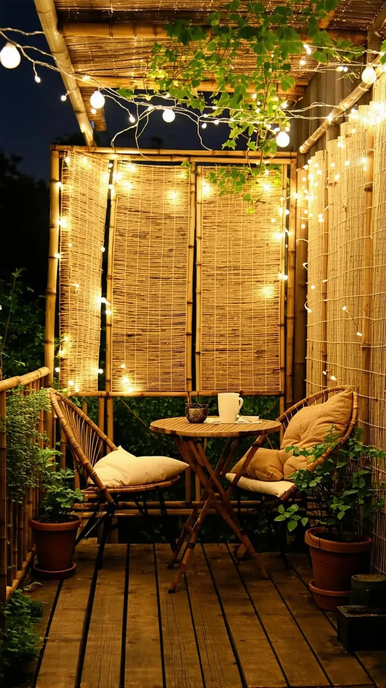 twinkling fairy lights draped over bamboo screens for nighttime ambiance 1