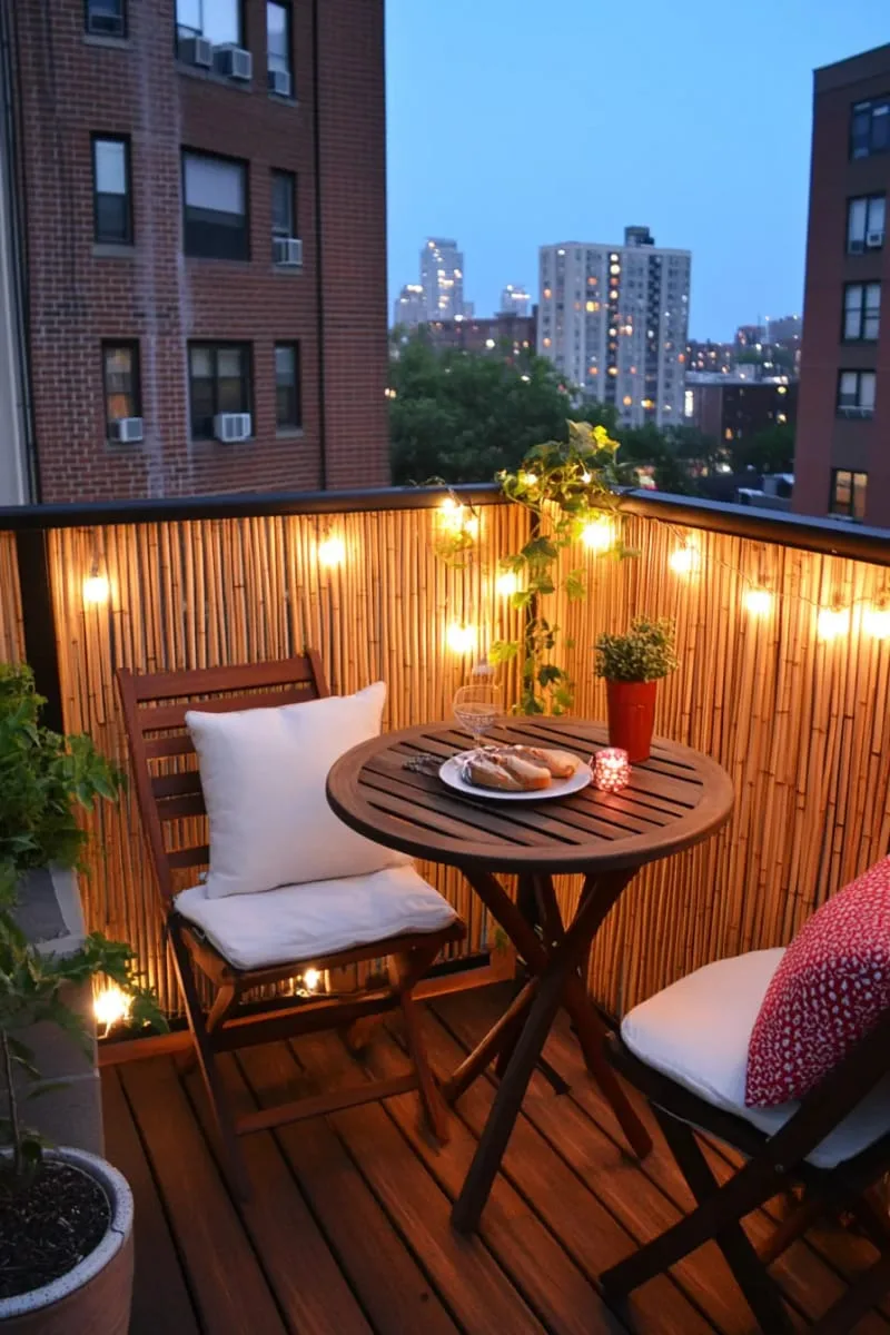 twinkling fairy lights draped over bamboo screens for nighttime ambiance 1