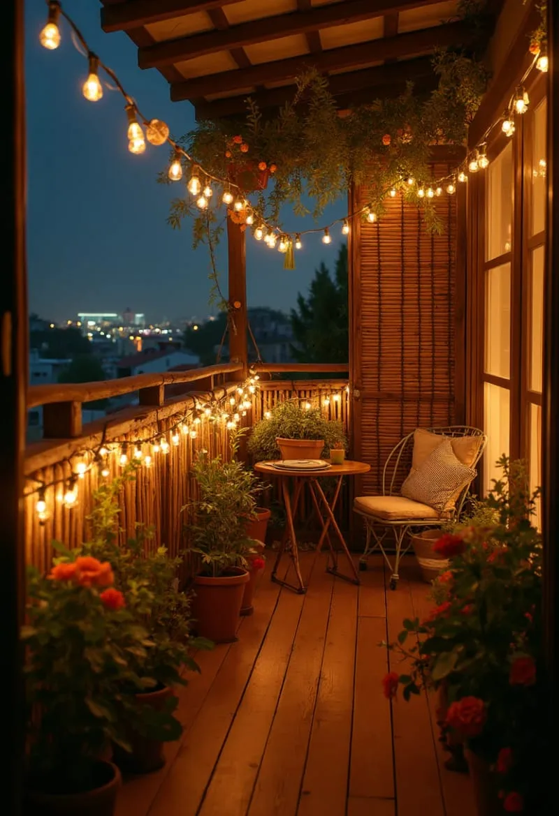 twinkling fairy lights draped over bamboo screens for nighttime ambiance 1