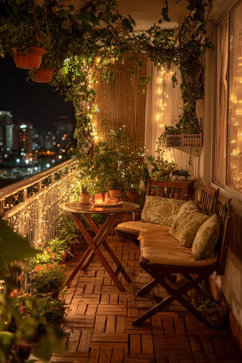 twinkling fairy lights draped over bamboo screens for nighttime ambiance 1