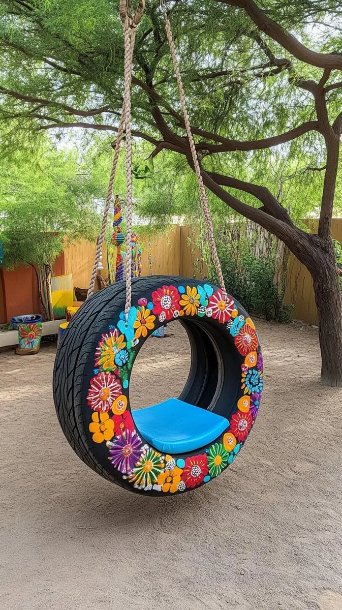 upcycled tire swing oasis beneath a canopy of mature trees 1