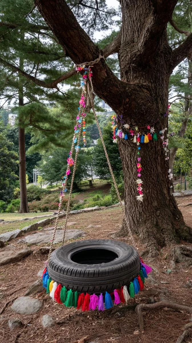 upcycled tire swing oasis beneath a canopy of mature trees 1