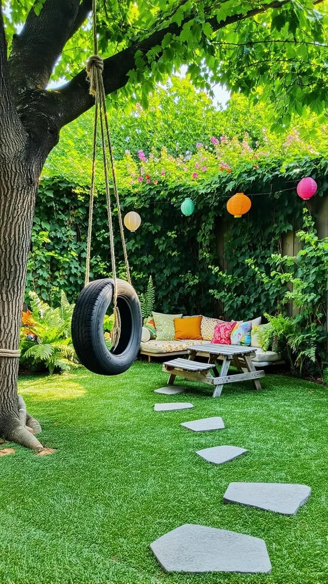 upcycled tire swing oasis beneath a canopy of mature trees 1