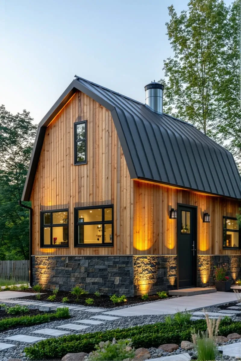 vertical cedar planks combined with dark stone foundation 1