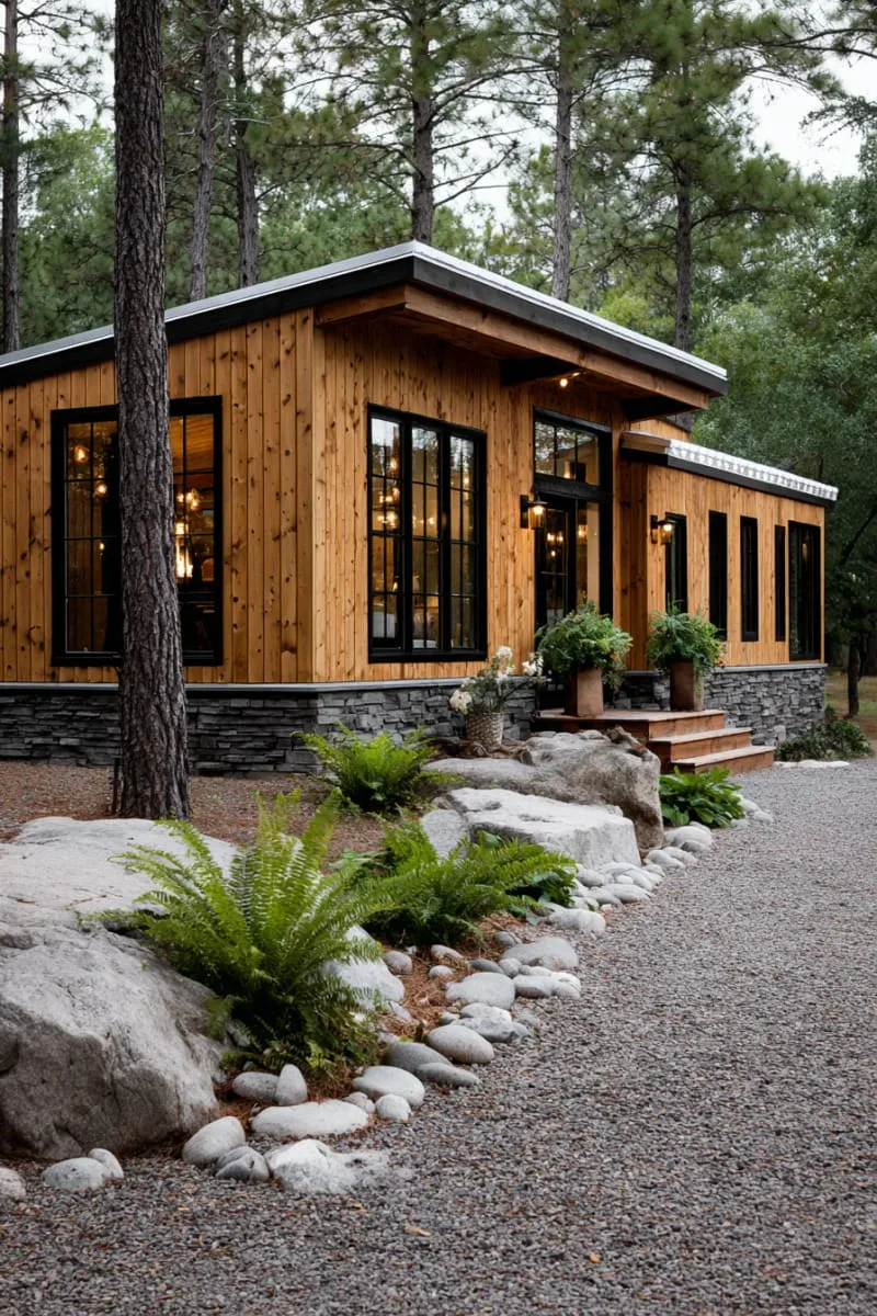 vertical cedar planks combined with dark stone foundation 1