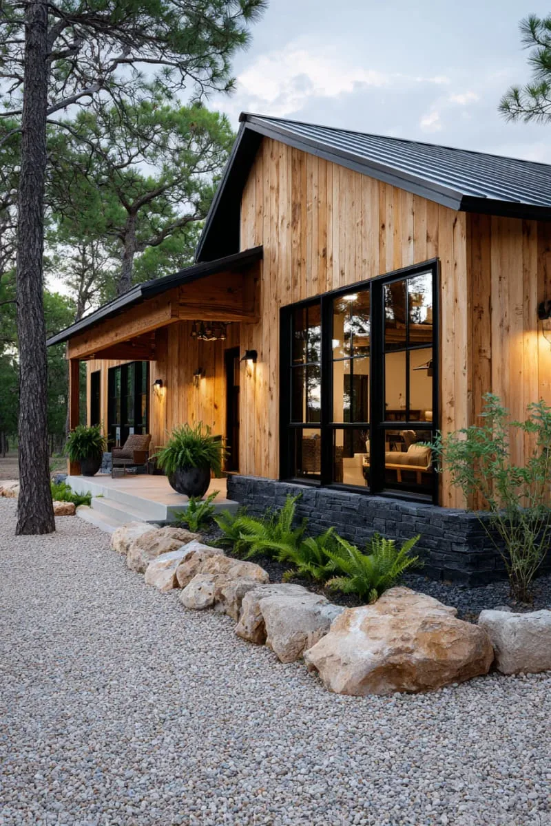 vertical cedar planks combined with dark stone foundation 1