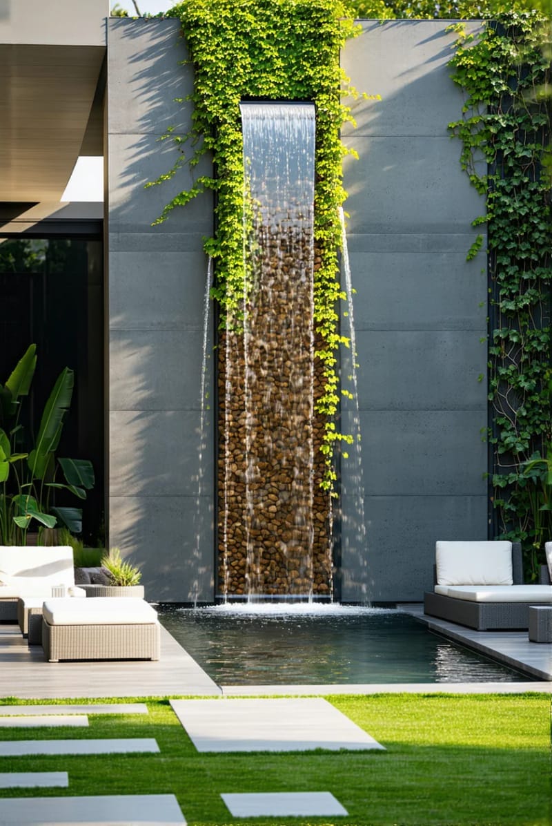 15 Unique Concrete Backyard Ideas for Creative Outdoor Style 15 vertical concrete wall with cascading water feature and lush climbing vines 1
