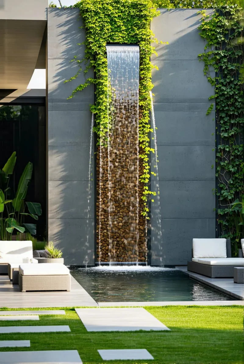 15 Unique Concrete Backyard Ideas for Creative Outdoor Style 14 vertical concrete wall with cascading water feature and lush climbing vines 1
