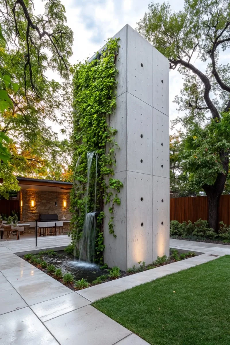 15 Unique Concrete Backyard Ideas for Creative Outdoor Style 15 vertical concrete wall with cascading water feature and lush climbing vines 1
