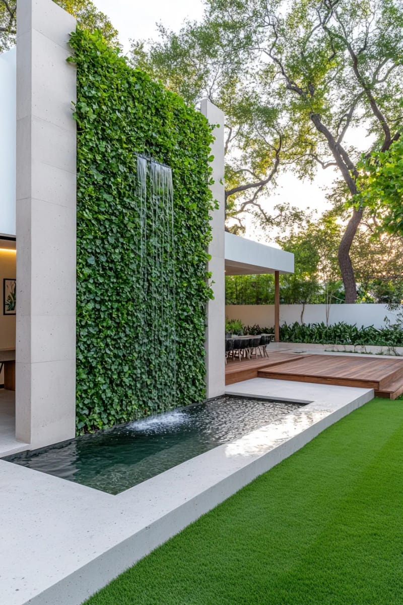 15 Unique Concrete Backyard Ideas for Creative Outdoor Style 17 vertical concrete wall with cascading water feature and lush climbing vines 1