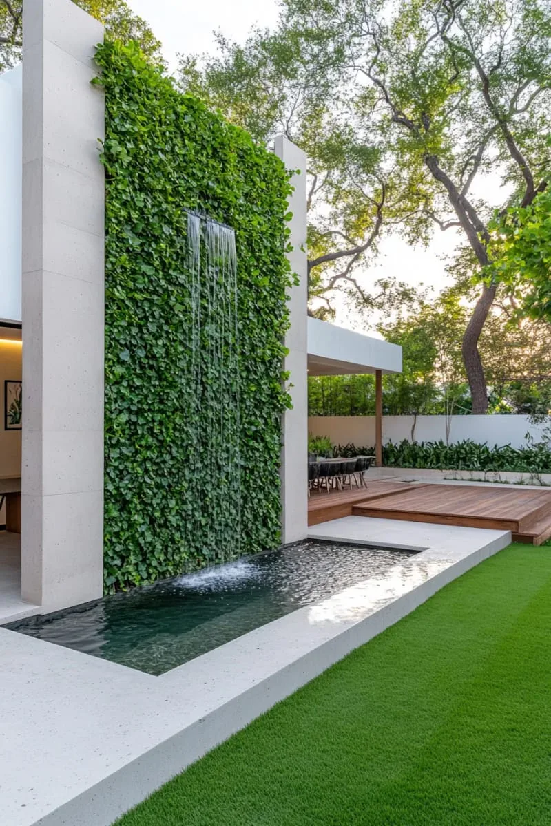 15 Unique Concrete Backyard Ideas for Creative Outdoor Style 16 vertical concrete wall with cascading water feature and lush climbing vines 1