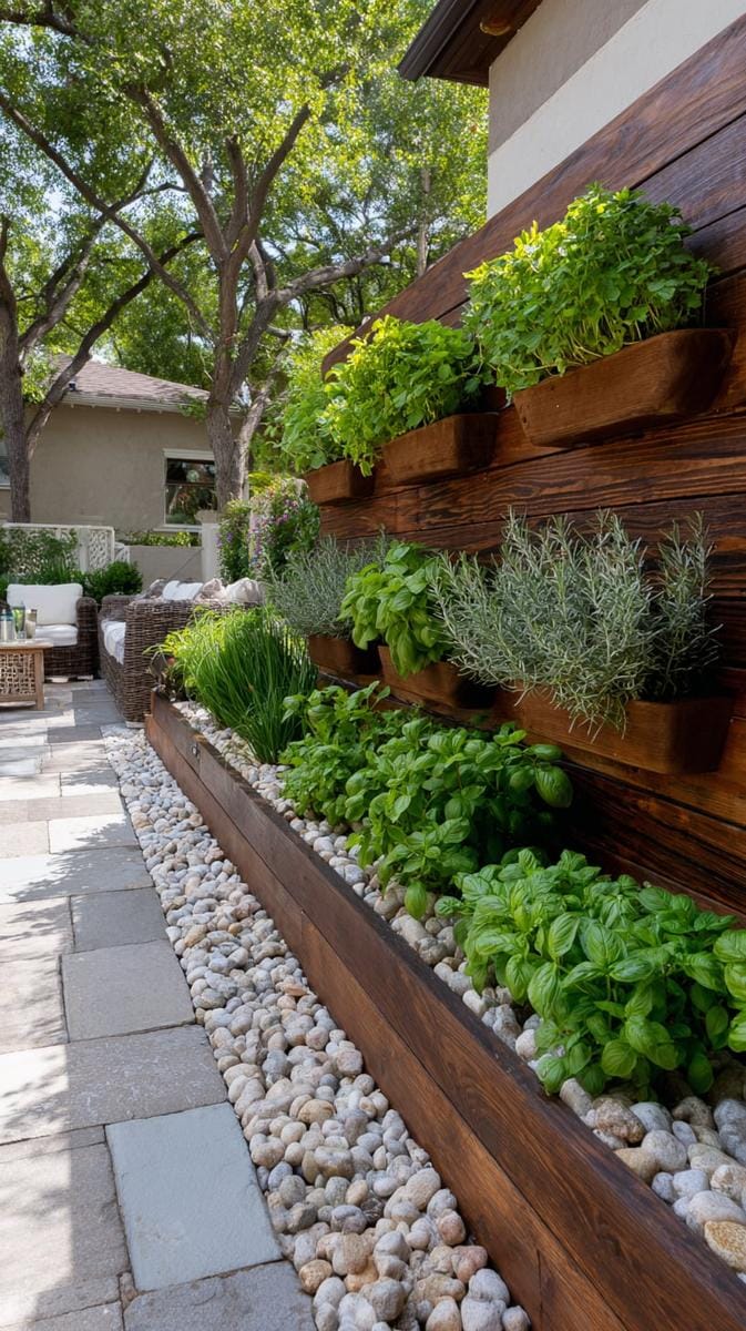 vertical wooden garden wall with herb planters 1