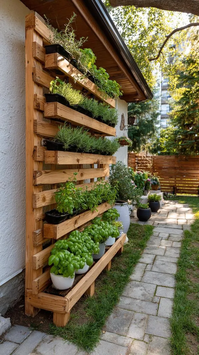 15 Smaller Backyard Landscaping Ideas That Maximize Space & Style 7 vertical wooden garden wall with herb planters 1