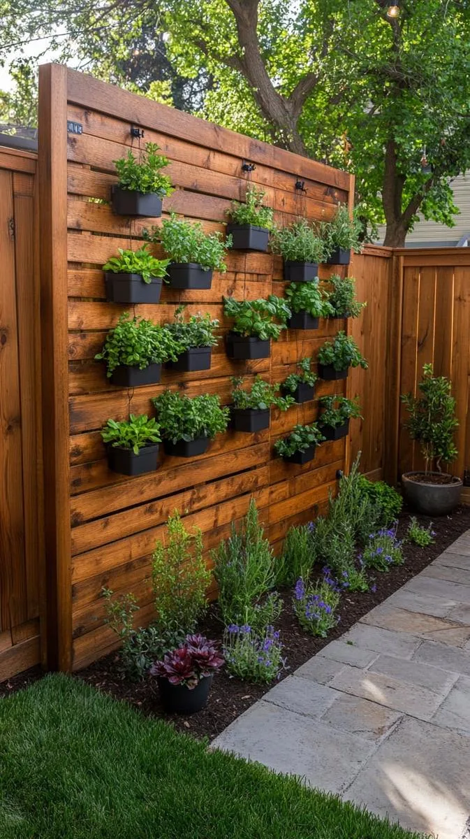 15 Smaller Backyard Landscaping Ideas That Maximize Space & Style 8 vertical wooden garden wall with herb planters 1