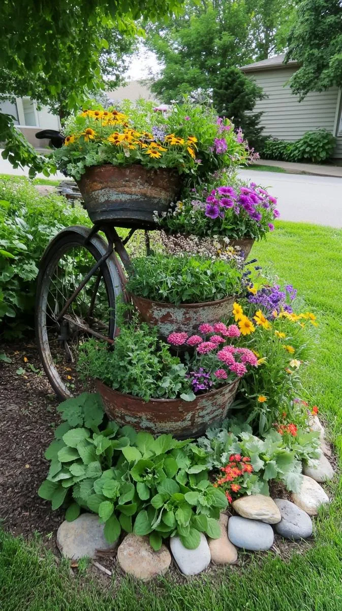 23 Inspiring Backyard No Deck Ideas to Try This Season 6 vintage bicycle planter display nestled beside a diy herb spiral 1