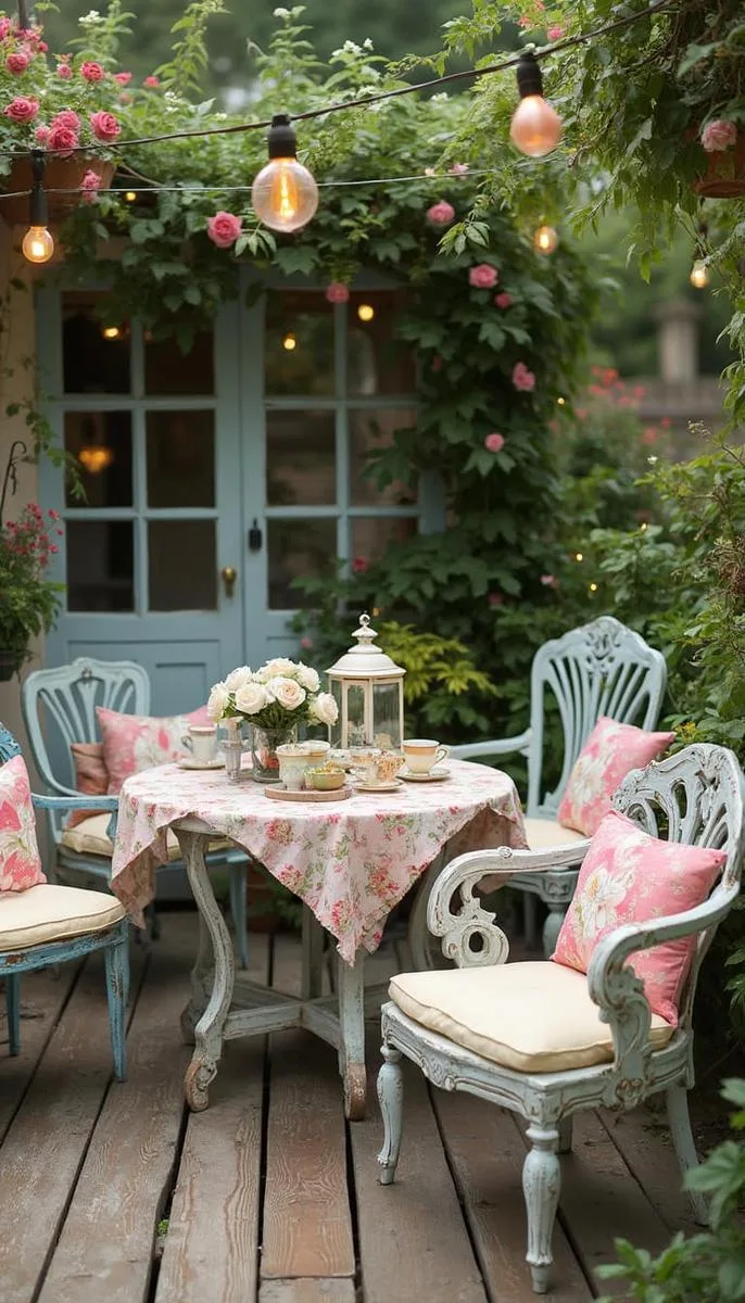 vintage cottage deck with mismatched pastel furniture and floral cushions 1