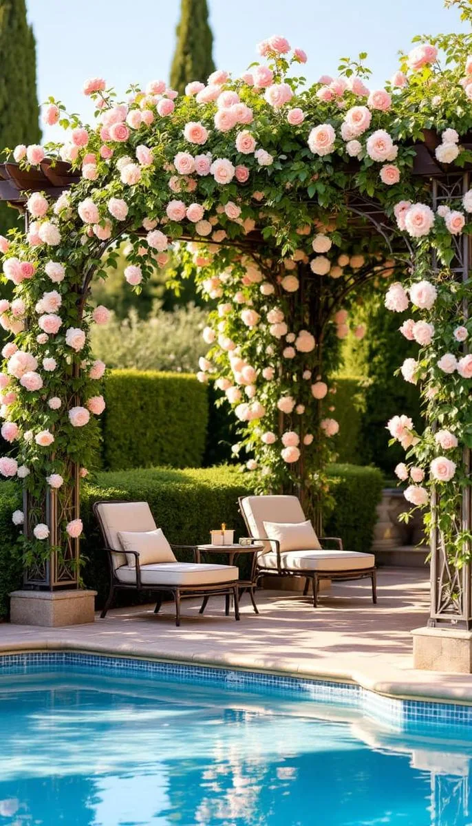 vintage-inspired pergola with wrought iron details and climbing roses near the water 1 vintage-inspired pergola with wrought iron details and climbing roses near the water 1