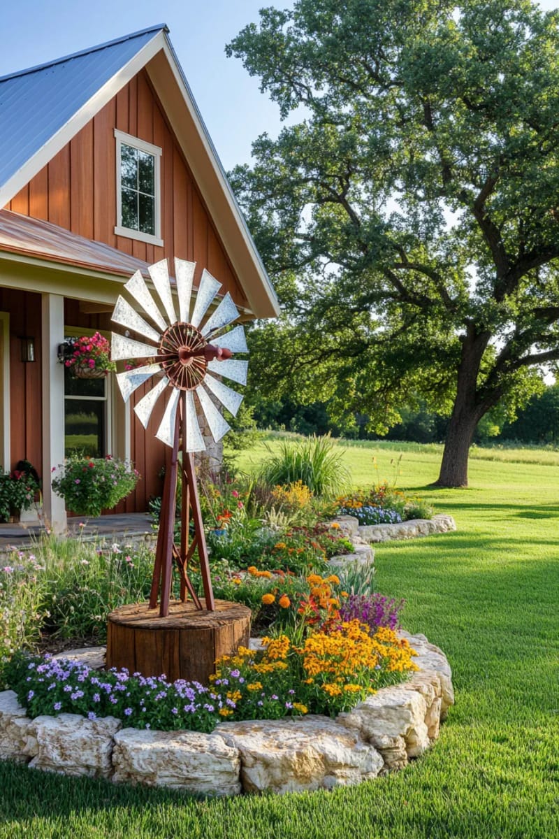 vintage windmill garden sculpture as a ranch style focal point 1