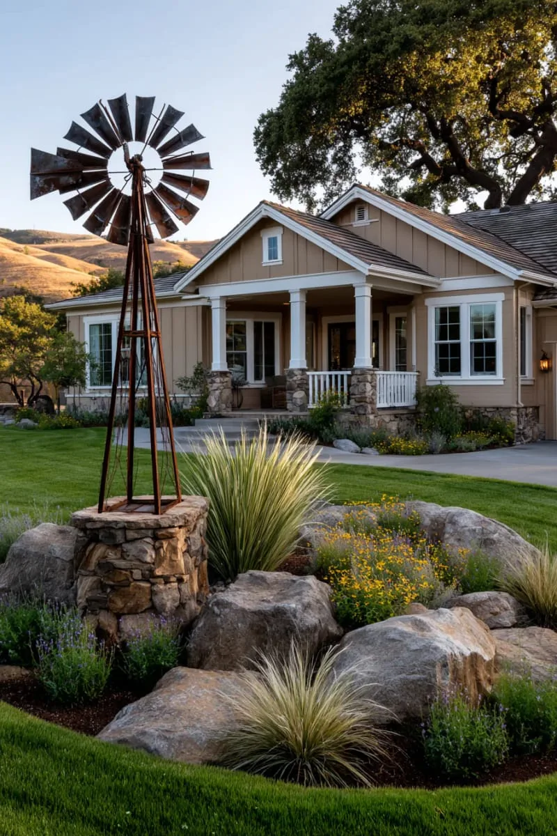 19 Ranch Style Home Exteriors to Inspire Your Next Makeover 97 vintage windmill garden sculpture as a ranch style focal point 1