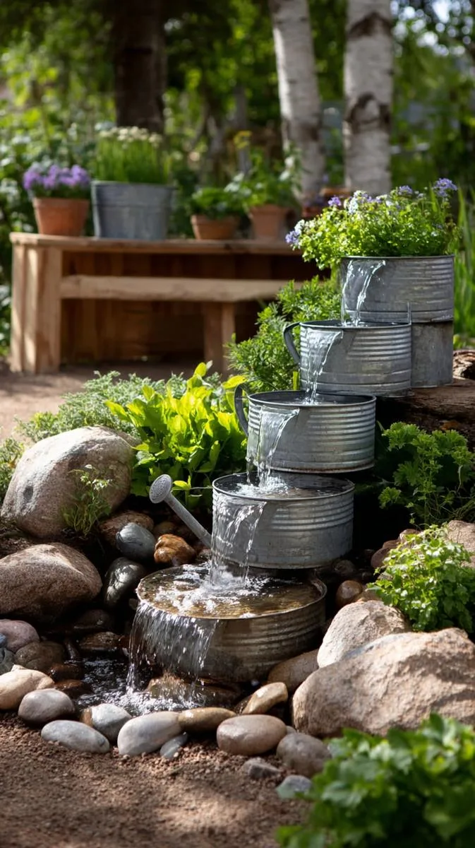 water feature made from stacked vintage watering cans 1