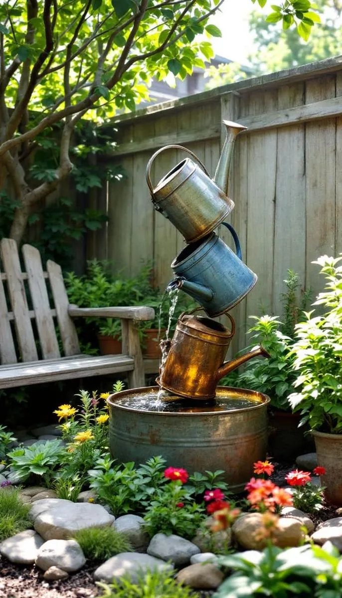 water feature made from stacked vintage watering cans 1