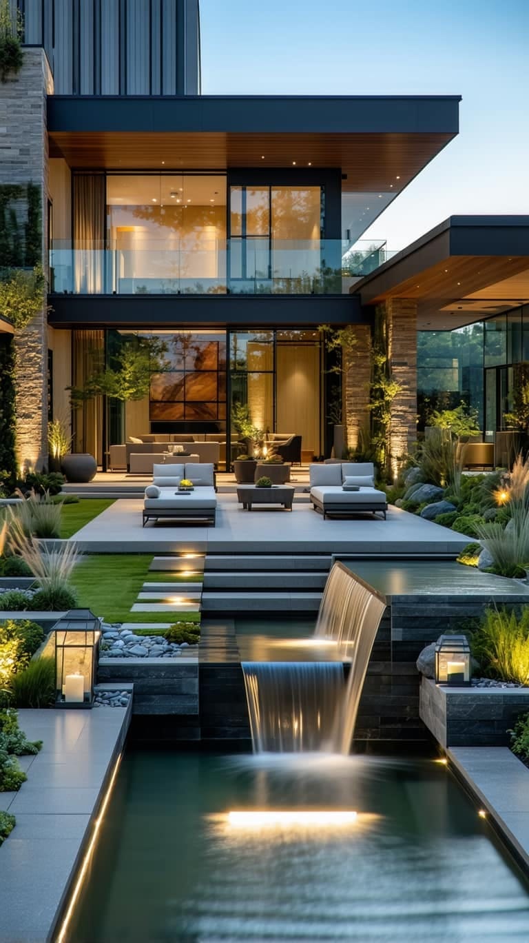 water feature with crisp lines and gentle cascading waterfall 1