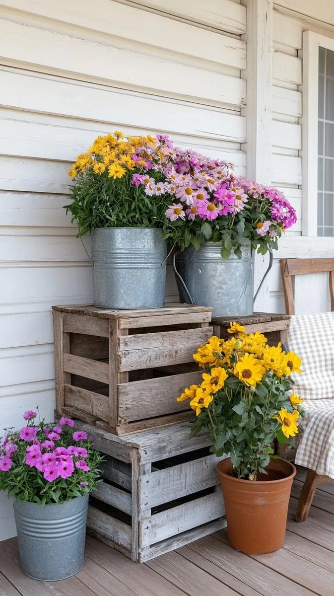 27 Dreamy Farmhouse Summer Decor Inspirations to Refresh Your Space 51 weathered crates stacked as plant stands with cascading summer blooms 1