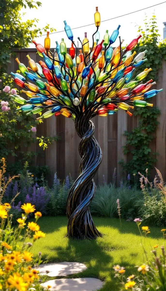 23 Inspiring Backyard No Deck Ideas to Try This Season 20 whimsical bottle tree sculpture for colorful backyard art 1