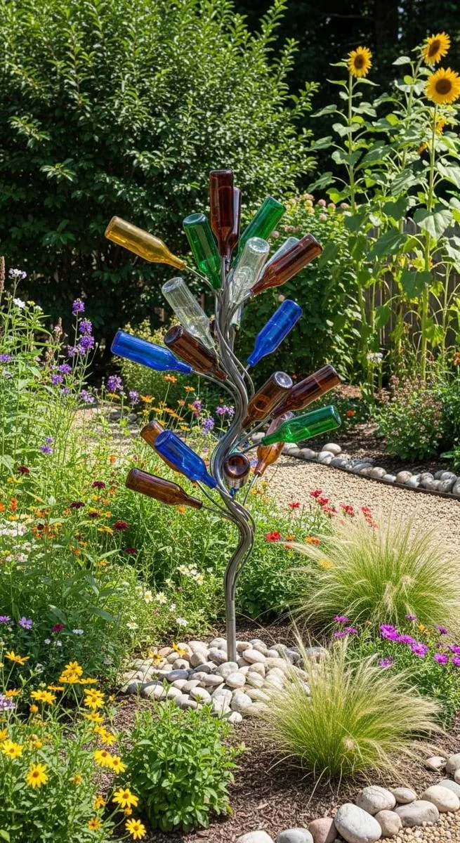 23 Inspiring Backyard No Deck Ideas to Try This Season 22 whimsical bottle tree sculpture for colorful backyard art 1