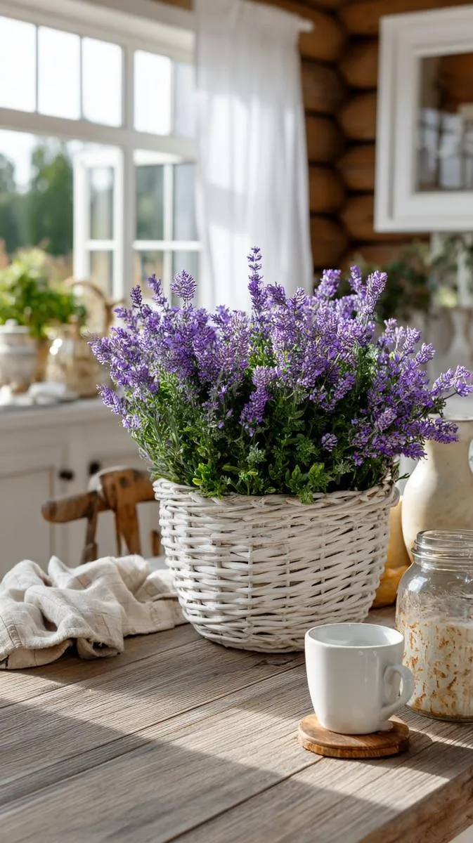 27 Dreamy Farmhouse Summer Decor Inspirations to Refresh Your Space 14 whitewashed wicker baskets brimming with lavender and eucalyptus stems 1
