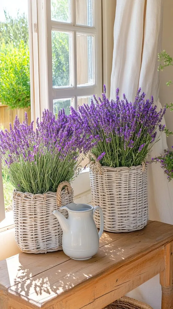 27 Dreamy Farmhouse Summer Decor Inspirations to Refresh Your Space 15 whitewashed wicker baskets brimming with lavender and eucalyptus stems 1
