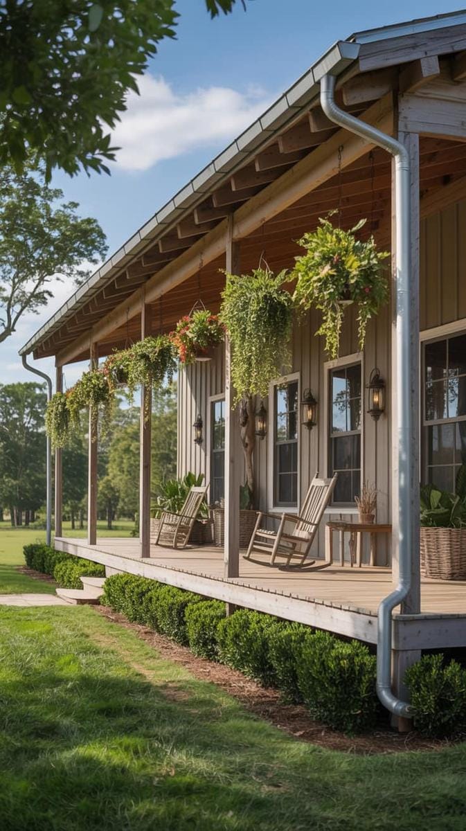 wraparound farmhouse porch featuring hanging plants and antique lanterns 1