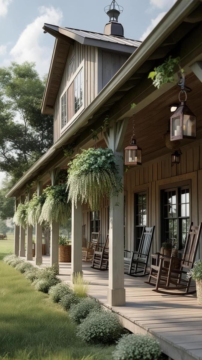 wraparound farmhouse porch featuring hanging plants and antique lanterns 1
