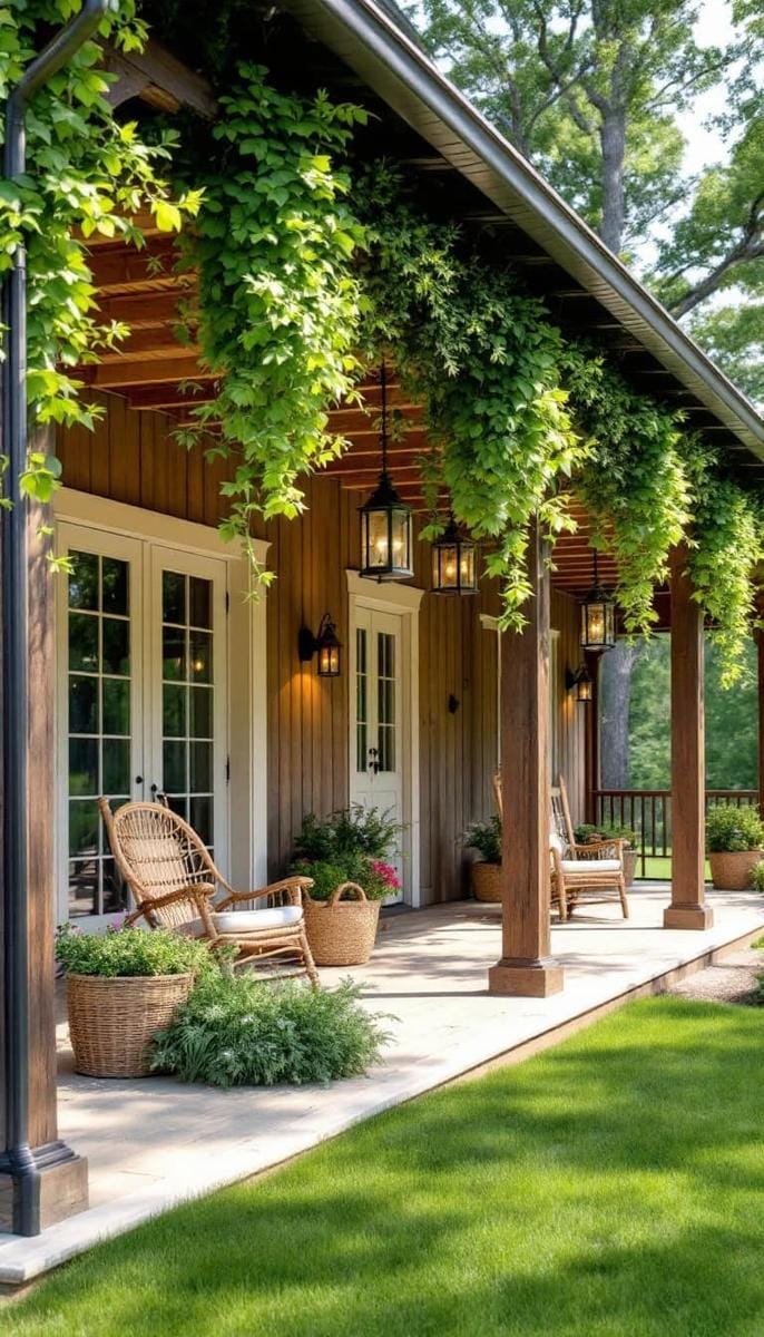 wraparound farmhouse porch featuring hanging plants and antique lanterns 1