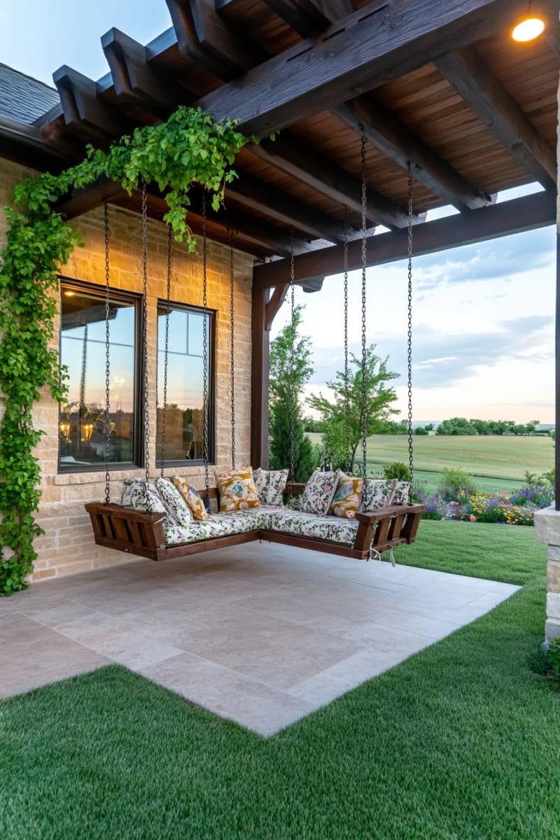 wraparound pergola with hanging swings for a ranch life aesthetic 1