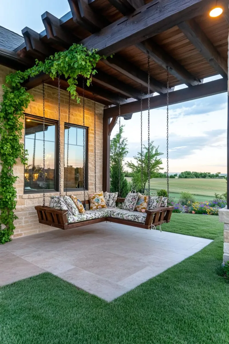 19 Ranch Style Home Exteriors to Inspire Your Next Makeover 106 wraparound pergola with hanging swings for a ranch life aesthetic 1