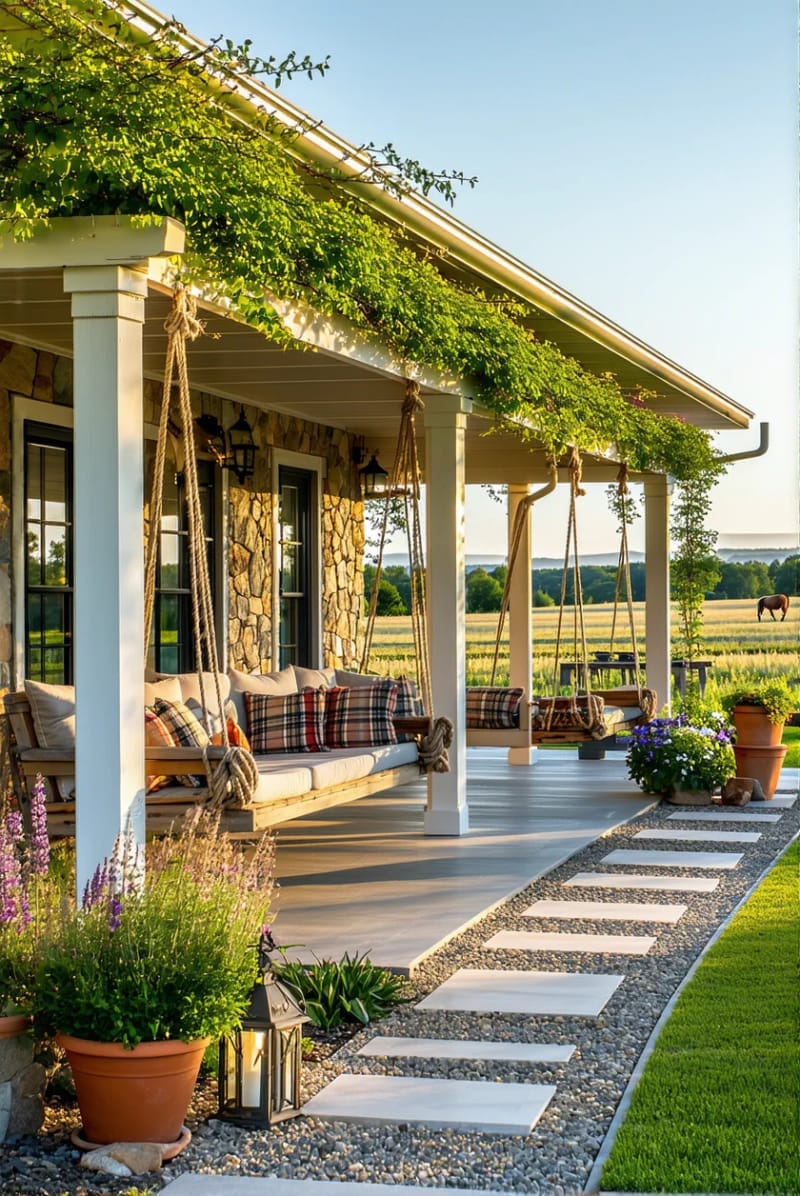 wraparound pergola with hanging swings for a ranch life aesthetic 1