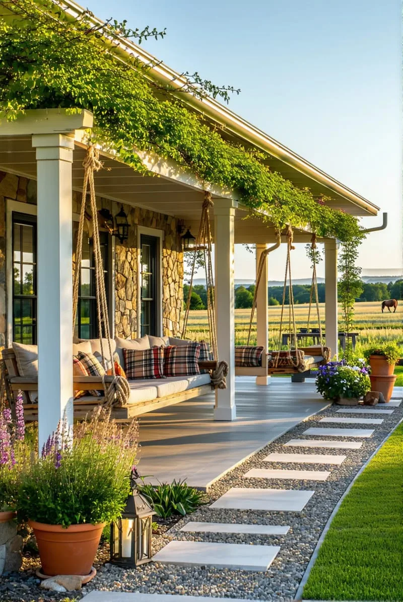 19 Ranch Style Home Exteriors to Inspire Your Next Makeover 107 wraparound pergola with hanging swings for a ranch life aesthetic 1