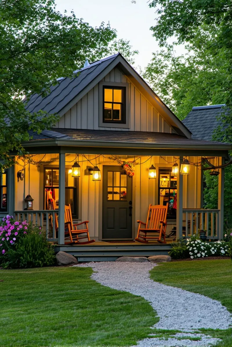 wraparound porch with vintage lantern lighting and rocking chairs 1