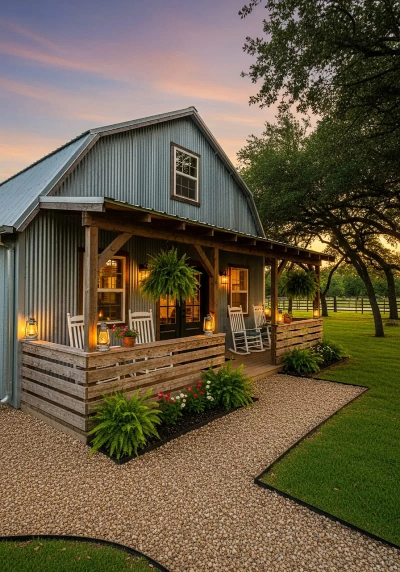 wraparound porch with vintage lantern lighting and rocking chairs 1