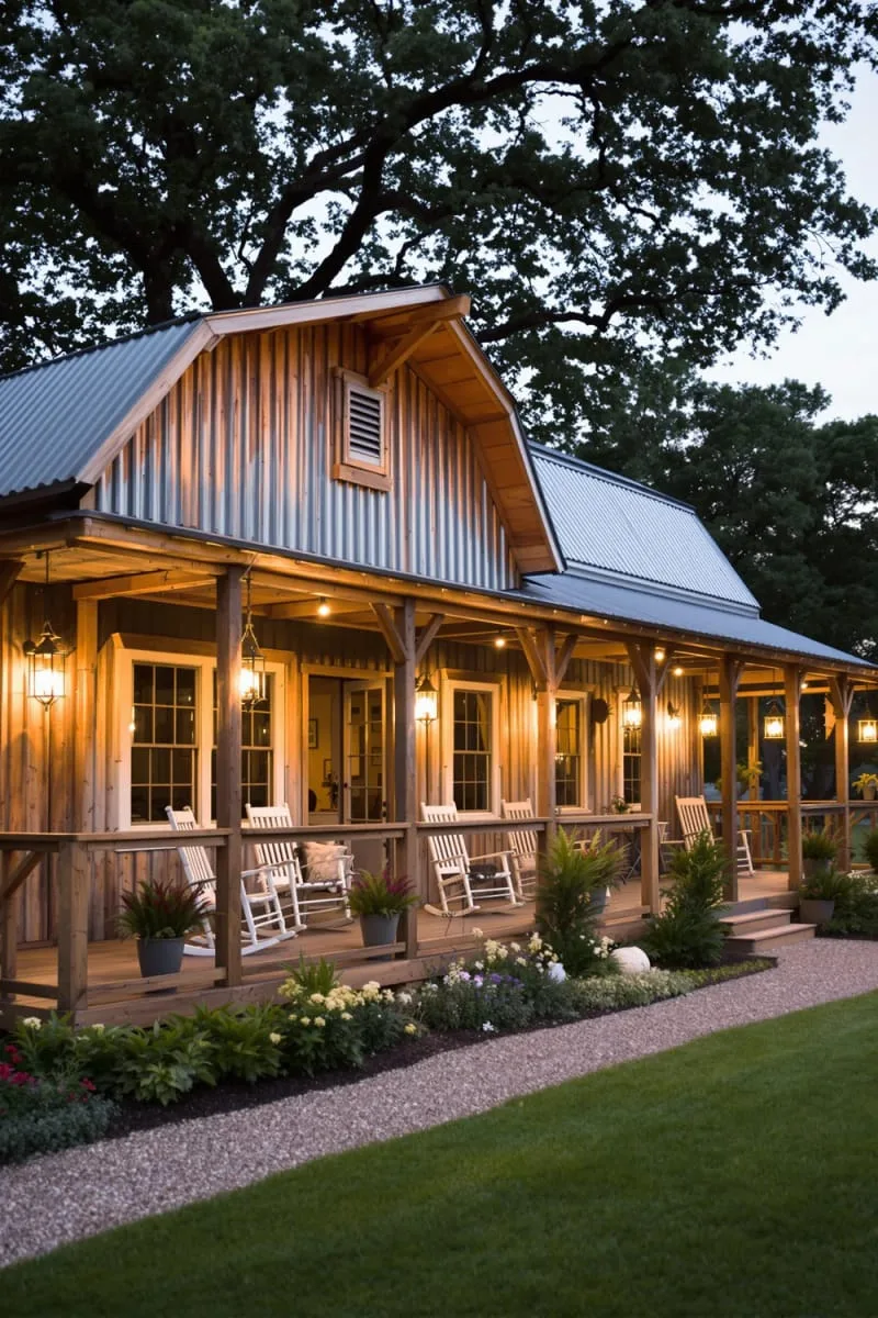 wraparound porch with vintage lantern lighting and rocking chairs 1