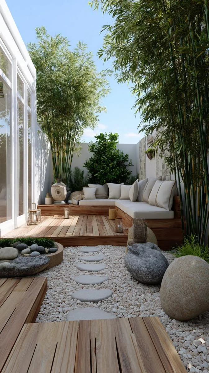 zen-inspired deck with gravel borders, bamboo accents, and meditation nook 1
