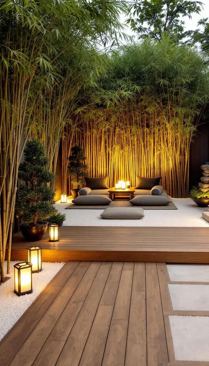 zen-inspired deck with gravel borders, bamboo accents, and meditation nook 1