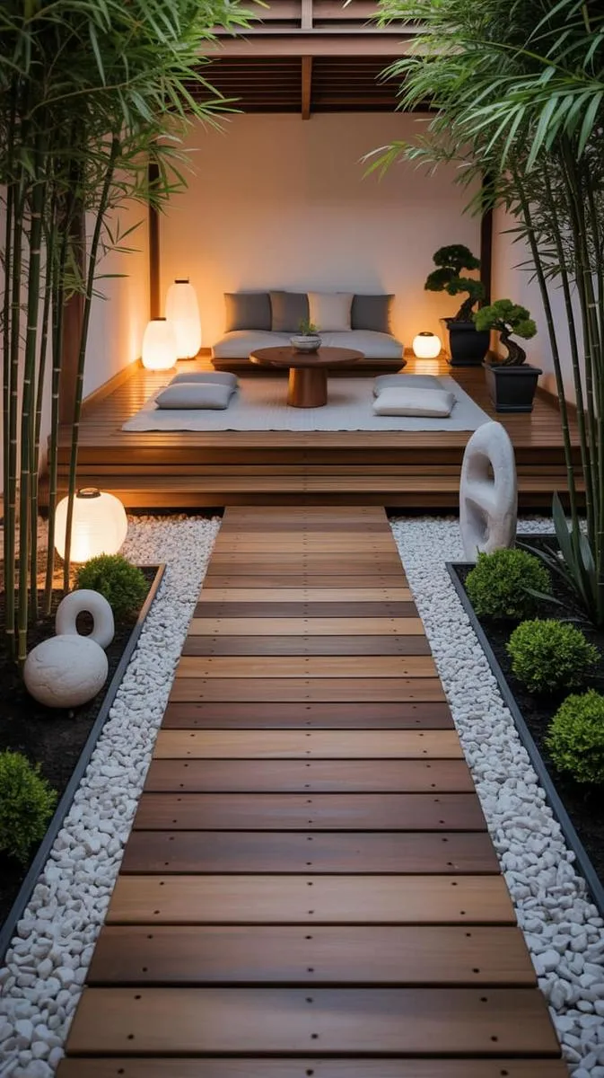 zen-inspired deck with gravel borders, bamboo accents, and meditation nook 1