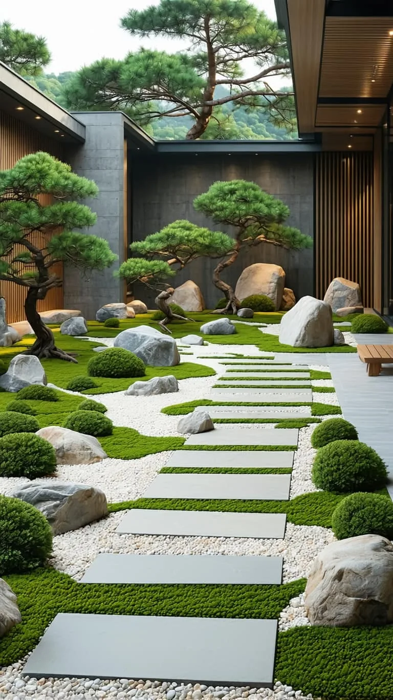 zen-inspired rock garden with sculpted evergreens and moss 1