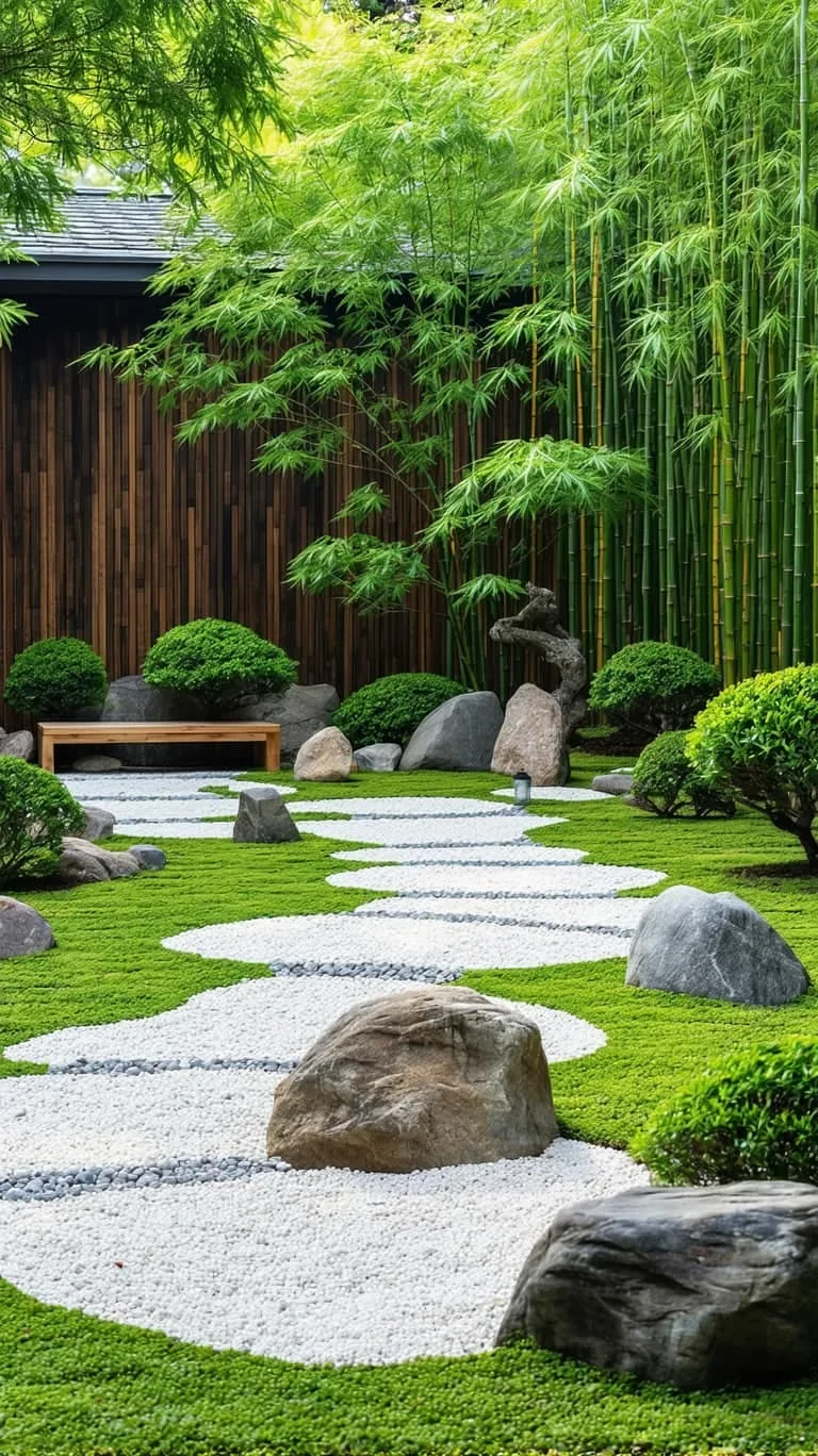 zen-inspired rock garden with sculpted evergreens and moss 1