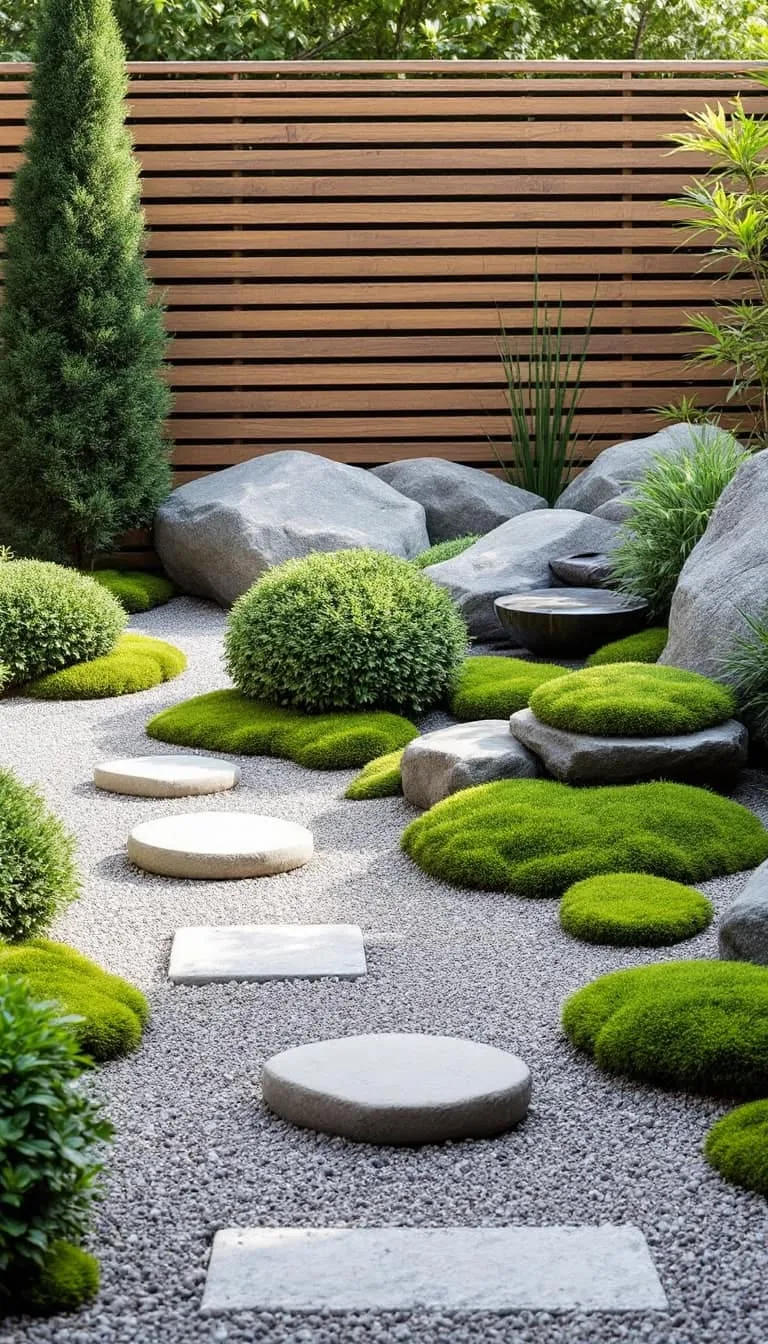 zen-inspired rock garden with sculpted evergreens and moss 1