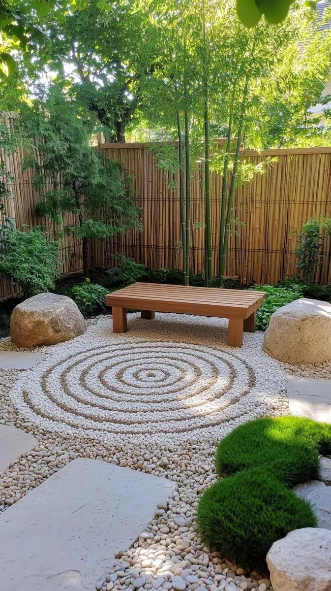 zen meditation circle made from gravel, stones, and bamboo accents 1
