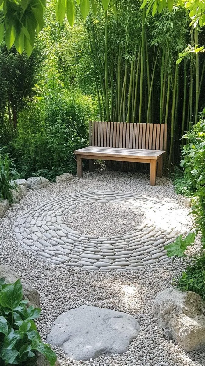 zen meditation circle made from gravel, stones, and bamboo accents 1